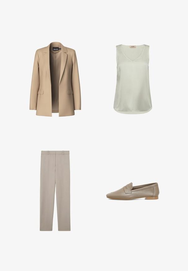 Blazer beige con solapas de pico y dos bolsillos frontales; confeccionado en tejido suave, tiene un cierre abierto y un corte entallado.; Blusa sin mangas de satén color beige claro con escote en V y dobladillo redondeado, con una pequeña etiqueta en la parte posterior del cuello interior.; Pantalones beige de corte recto con trabillas para cinturón y un diseño limpio y minimalista, mostrados extendidos sobre un fondo blanco.; Mocasines de cuero beige con una superficie texturizada, que presentan un tacón plano y una punta redondeada. Incluyen un pliegue decorativo en el empeine.