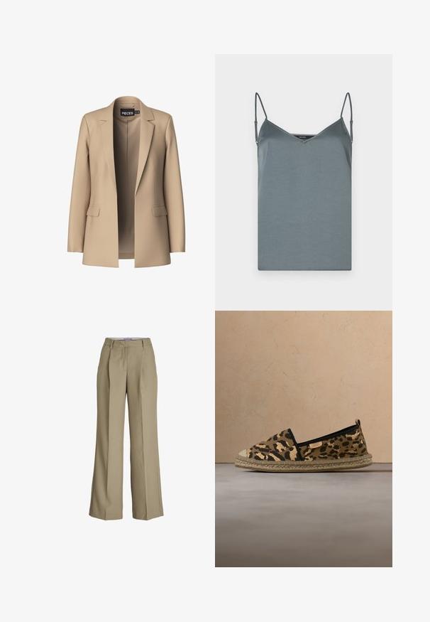 Blazer beige con solapas de pico y dos bolsillos frontales; confeccionado en tejido suave, tiene un cierre abierto y un corte entallado.; Camisón de satén gris con escote en V, tirantes ajustables y una textura suave. Dobladillo recto sin patrones ni adornos.; Pantalones de pierna ancha beige con una cintura alta, pliegues frontales y una textura de tela suave. Diseño clásico con un acabado a medida.; Zapato espadrille con tela de estampado de leopardo, ribete negro y suela de yute tejido flotando sobre una alfombra beige.