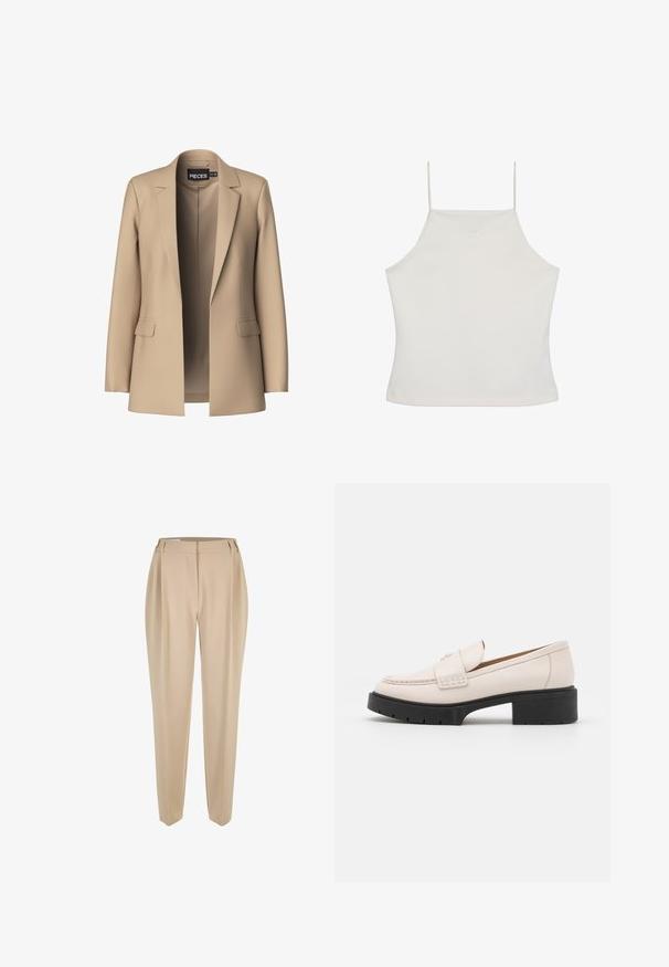 Beige blazer met notch-lapels en twee voorzakken; gemaakt van gladde stof, het heeft een open voorkant en een getailleerde pasvorm.; Witte mouwloze crop top met dunne bandjes en een subtiel "cK"-logo geborduurd op de borst, effen achtergrond.; Beige op maat gemaakte rechte broek met riemlussen, voorrits en zijzakken, gepresenteerd op een witte achtergrond.; Lichtbeige leren loafers met een gestikte voorkant en een textuur met een zwarte plateauhak. Beschikt over een gebogen ontwerp en een lichte verhoging.