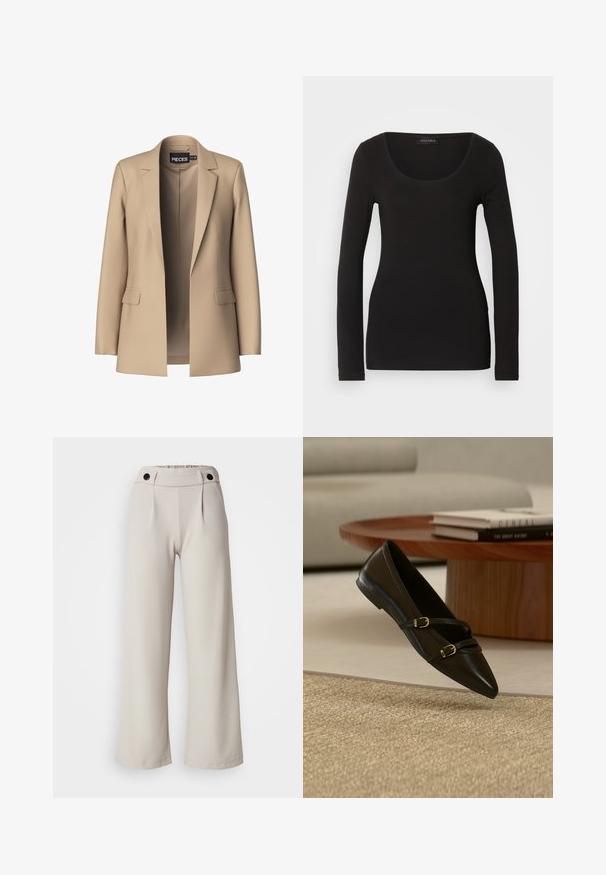 Blazer beige con solapas de pico y dos bolsillos frontales; confeccionado en tejido suave, tiene un cierre abierto y un corte entallado.; Top negro de mangas largas con escote redondeado, hecho de una tela suave y elástica. Presenta una forma ajustada y una textura suave. Etiqueta de la marca visible.; Pantalones de pierna ancha plisados en tejido de color beige claro con una textura suave, que cuentan con una cintura fruncida y dos botones negros en la cinturilla.; Zapato plano negro con puntera puntiaguda y dos delgadas correas con hebillas flotando sobre una alfombra beige, con una mesa de café de madera y libros al fondo.