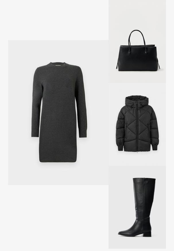 Chaqueta negra acolchada con capucha, con cierre de cremallera, patrón de rombos acolchado y puños de canalé. Textura suave y lisa.; Vestido de punto gris oscuro con mangas largas, escote redondo y corte recto. Textura suave, sin patrones ni adornos visibles.; Bota de cuero negro hasta la rodilla con tacón bajo y punta afilada, mostrada de lado sobre un fondo claro y liso.; Bolso tote de cuero negro con dos asas, forma rectangular y una superficie simple y texturizada sobre un fondo blanco liso.