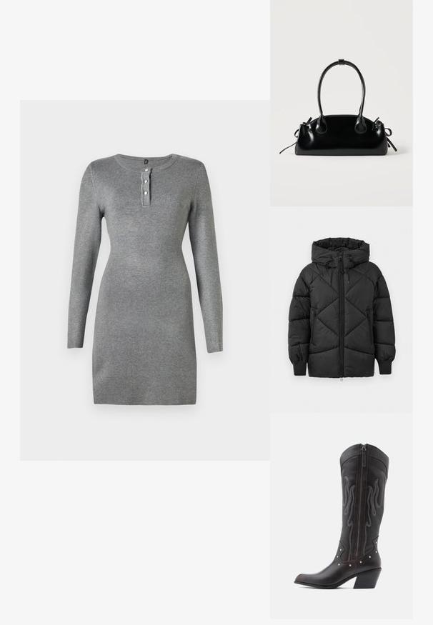 Sort polstret jakke med hætte, featuring en lynlåslukning, diamant quiltet mønster og ribbede manchetter. Blød, glat tekstur.; Grå langærmet kjole med en tætsiddende pasform, rund halsudskæring og tre-knap stolpe. Teksturstof med en glat finish.; Brune læder cowboystøvler med flammebroderi, sidelukning med lynlås, sølvnitter, spids snude og lagdelt hæl.; Lille sort blank håndtaske med to lange håndtag og snøre-detaljer i siden på en ensfarvet lys baggrund.