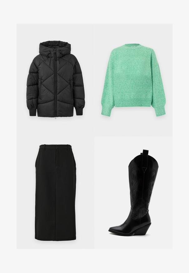 Chaqueta negra acolchada con capucha, con cierre de cremallera, patrón de rombos acolchado y puños de canalé. Textura suave y lisa.; Suéter tejido color verde menta suave con mangas largas abullonadas, puños acanalados, escote redondo y dobladillo acanalado.; Falda lápiz negra, a la altura de la rodilla, hecha de una tela suave. Cuenta con una cinturilla con trabillas para cinturón y un bolsillo lateral oculto. Diseño entallado.; Bota de vaquero de cuero negro con punta puntiaguda, tacón bloqueado inclinado, costuras decorativas y lengüetas en la parte superior sobre fondo blanco.