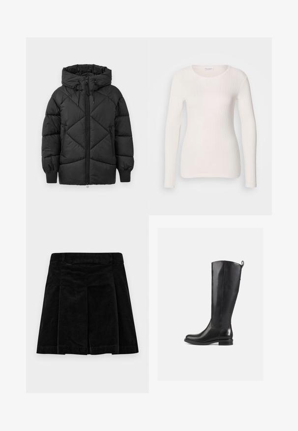 Chaqueta negra acolchada con capucha, con cierre de cremallera, patrón de rombos acolchado y puños de canalé. Textura suave y lisa.; Top blanco de manga larga de canalé con cuello redondo, textura suave y diseño ajustado. Líneas verticales sutiles crean una apariencia estilizada.; Falda de pana negra con un diseño plisado, que presenta un corte recto, superficie texturada y una cintura para un ajuste seguro.; Botas de cuero negras hasta la rodilla con un acabado suave, punta redondeada, tacón bajo y una lengüeta en la parte posterior. Diseño minimalista sin patrones visibles.