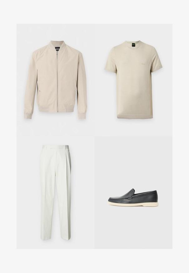 Veste bomber beige clair avec fermeture éclair frontale, poches latérales à boutons-pression, col, poignets et ourlet côtelés. Tissu doux et lisse.; T-shirt beige à manches courtes avec col rond, texture subtile et petit logo "BOSS" en relief sur la poitrine gauche.; Pantalon blanc ajusté taille haute avec passants de ceinture et plis sur le devant, présenté sur un fond uni.; Mocassin noir en cuir à enfiler avec semelle beige, positionné en suspension près d'un porte-revues en fil métallique sur un sol en terrazzo.