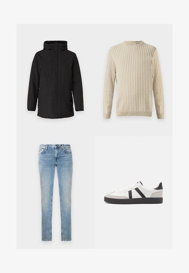 Must musta jope kõrge kraega, täielik tõmbelukk, küljetaskud ja pikad varrukad. Sujuv tekstuur minimaalse detailiga.; Only & Sons ONSBRANT CREW KNIT - Trükipildiga T-särk - beige; Heled sinise denimi sirgete jalgadega teksad, millel on kulunud viimistlus, ees taskud ja kontrastne õmblus. Puhtad servad alus.; Valged tossud mustade ja hallide aktsentidega, tekstureeritud halli varbakattega, musta kummitald ja lamedad valged paelad. Puhtad jooned, minimalistlik stiil.