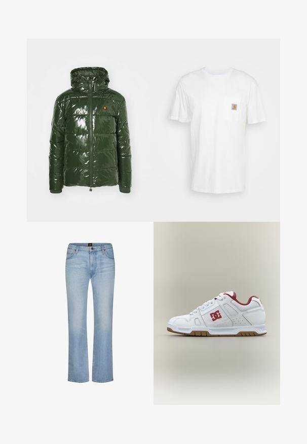 Ellesse TREVANI - Chaqueta de invierno - khaki; Camiseta de algodón blanca con mangas cortas, un bolsillo en el pecho y un pequeño parche cuadrado de logo en naranja y blanco en el bolsillo.; Vaqueros de mezclilla azul claro de corte recto, con bolsillos delanteros, trabillas para cinturón, bragueta con cremallera y cierre de botón con marca en la cintura.; Zapatilla blanca de perfil bajo con forro interior rojo, logotipo de DC en el lateral, paneles perforados y suela color goma sobre un fondo neutro.