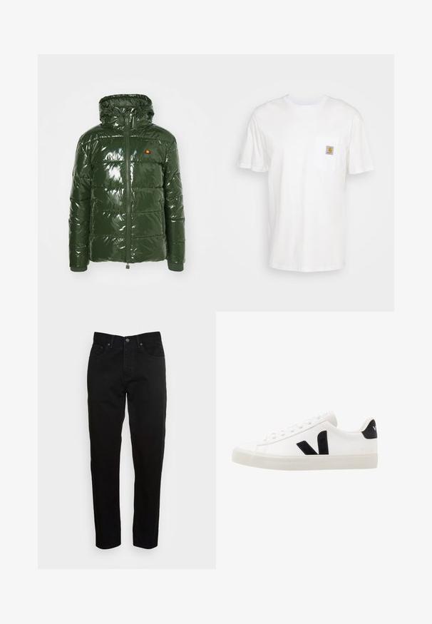 Ellesse TREVANI - Winterjacke - khaki; Weißes Baumwoll-T-Shirt mit kurzen Ärmeln, einer Brusttasche und einem kleinen quadratischen Logopatch in Orange und Weiß auf der Tasche.; Schwarze Slim-Fit-Jeans mit vorderem Knopfverschluss und fünf Taschen-Design, vor einem schlichten hellgrauen Hintergrund präsentiert.; Weiße Leder-Sneaker mit schwarzen Wildlederelementen; verfügen über eine Gummisohle, eine runde Spitze und ein klassisches Schnürdesign. Seitliches Logo in Schwarz.