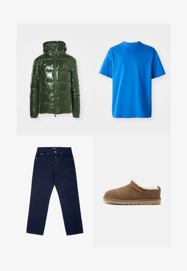 Ellesse TREVANI - Winterjas - khaki; Blauwe katoenen T-shirt met een ronde hals, korte mouwen en een relaxte pasvorm. Glad oppervlak en eenvoudig ontwerp zonder patronen of accenten.; Donkerblauwe denim jeans met een recht model, voorzien van twee voorzakken, een enkele knoopsluiting en contrasterende stikseldetails.; Bruine suède instapslof met beige zool en witte fleece voering, ontworpen voor warmte en comfort binnenshuis.