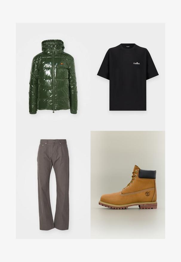 Ellesse TREVANI - Winterjas - khaki; Zwart oversized T-shirt met korte mouwen en een wit Carhartt-logo op de linkerborst, ronde hals, weergegeven op een effen lichte achtergrond.; Weekday SPACE RELAXED STRAIGHT - Broek - dark mole; Bruine leren enkellaars met zwarte kraag, gele veters en een zandkleurige zool. Voorzien van een logo en witte stikseldetails. Robuuste loopzool met grip.