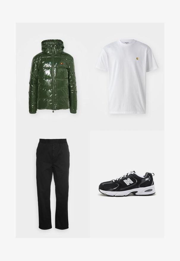 Ellesse TREVANI - Winterjacke - khaki; Weißes Baumwoll-T-Shirt mit kurzen Ärmeln, Rundhalsausschnitt, mit einem kleinen goldenen Logo im linken Brustbereich. Weicher Stoff und normale Passform.; Schwarze Baumwollhose mit elastischem Bund, geraden Beinen und seitlichen Taschen. Glatte Textur ohne Muster oder Akzente.; Schwarze und graue Sportschuhe mit Obermaterial aus Mesh und Wildleder, ausgestattet mit einer weißen Zwischensohle, Schnürsenkeln und einem markanten "N"-Logo an der Seite.
