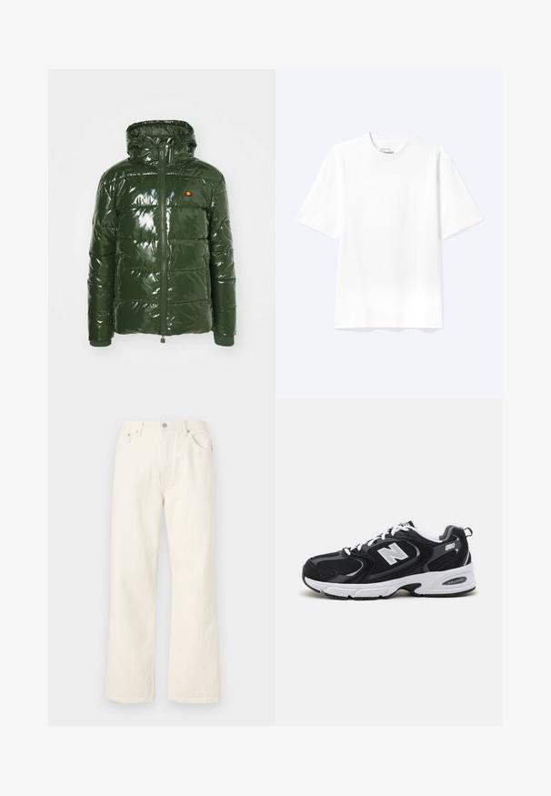 Ellesse TREVANI - Winterjas - khaki; Effen witte T-shirt met korte mouwen en ronde hals, met een losse pasvorm, weergegeven op een lichte achtergrond.; Crème kleurige wijde jeans gemaakt van denim, met een standaard vijf-pocket ontwerp en een metalen knoopsluiting bij de taille.; Zwarte en grijze sport schoenen met een bovenwerk van mesh en suede, voorzien van een witte tussenzool, veters en een gedurfde "N"-logo aan de zijkant.