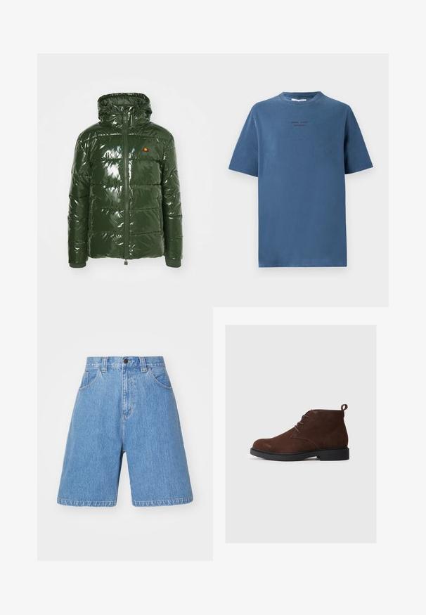 Ellesse TREVANI - Winterjacke - khaki; Blaues Baumwoll-T-Shirt mit Rundhalsausschnitt, kurzen Ärmeln und dezentem Textdesign in dunkleren Farbtönen. Einfacher, lässiger Schnitt, ohne Muster.; Hellblaue Denim-Shorts mit lockerer Passform, hohem Bund, Fünf-Taschen-Design und dezentem Verblassen. Mit Knopfverschluss und Gürtelschlaufen.; Braune Wildleder-Ankle Boots mit abgerundeter Spitze, Schnürdesign und kleinem Absatz. Verfügt über eine Schlaufe hinten für einfaches Anziehen.