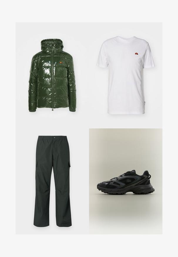Ellesse TREVANI - Winterjacke - khaki; Schlichtes weißes kurzärmeliges T-Shirt mit kleinem rot-orangefarbenem Halbkreis-Logo im oberen linken Brustbereich.; Dunkelgrüne Cargo-Hosen mit einem lockeren Schnitt, elastischem Bund, gesteppten Taschen und einer glatten, leichten Stofftextur.; Schwarzer Sportschuh mit Netz панели, einer strukturierten Sohle, Schnürsenkeln und einer geschwungenen Silhouette mit silbernen Akzenten an den Seiten.