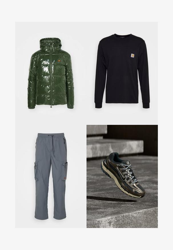 Ellesse TREVANI - Winterjas - khaki; Zwarte lange mouwen shirt van katoen. Beschikt over een borstzak met een vierkante grijze label en een oranje logo. Eenvoudig ontwerp in effen kleur.; Ellesse SQUADRON - Cargobroek - dark grey; Donker metallic en zwarte Nike hardloopschoen met beige zool die boven grijze betonnen treden zweeft.