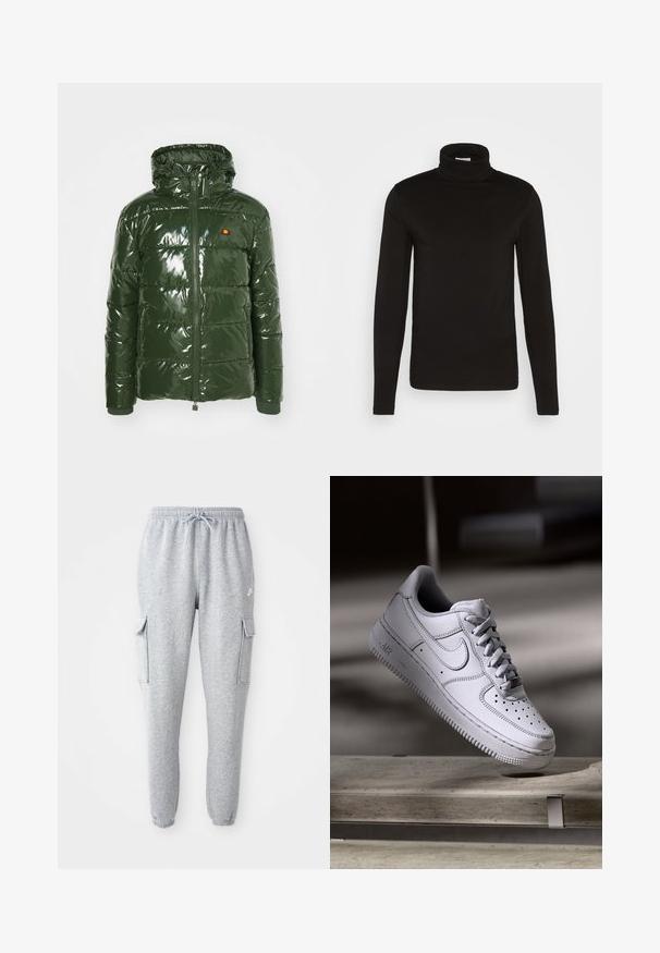 Ellesse TREVANI - Winterjacke - khaki; Schwarz, langärmliges Turtleneck-Shirt aus einem glatten Stoff mit figurnaher Passform und hohem, enganliegendem Kragen. Keine sichtbaren Muster oder Akzente.; Graue Sweatpants aus weichem Material, mit elastischem Bund und Kordelzug, zwei seitlichen Cargo-Taschen und schmal zulaufenden Bündchen.; Weißer Nike Air Force 1 Sneaker aus Leder mit perforierter Zehenpartie, flachen Schnürsenkeln und strukturierter Gummisohle mit "AIR"-Branding an der Seite.