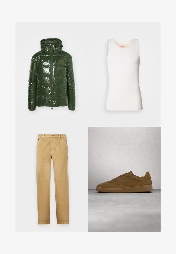 Ellesse TREVANI - Winterjacke - khaki; Weißes, geripptes Tanktop mit rundem Ausschnitt und breiten Schulterträgern. Glatte Textur und figurbetontes Design.; Beige Chinos mit geradem Bein, aus weichem Stoff gefertigt. Verfügt über Fronttaschen, einen Knopfverschluss und dezente Nähte.; Brauner Veloursleder-Sneaker mit hellbraunen Schnürsenkeln und Gummisohle. Verfügt über eine abgerundete Zehenpartie und gestickte Details am Obermaterial. Leichtes Design.