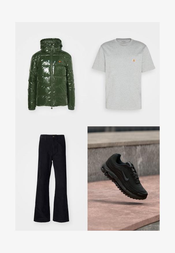 Ellesse TREVANI - Vinterjakker - khaki; Grå bomulds T-shirt med korte ærmer og rund halsudskæring. Har en lomme på venstre bryst og et lille mærkelogo i orange på lommen.; Sorte, bomuldsforlængede bukser med en traditionel linning, enkelt forreste knap og lommer på siderne og bagpå. Glat tekstur.; Sort Nike Air Max træningssko svævende over en stenovertflade med en sløret stenvæg i baggrunden.