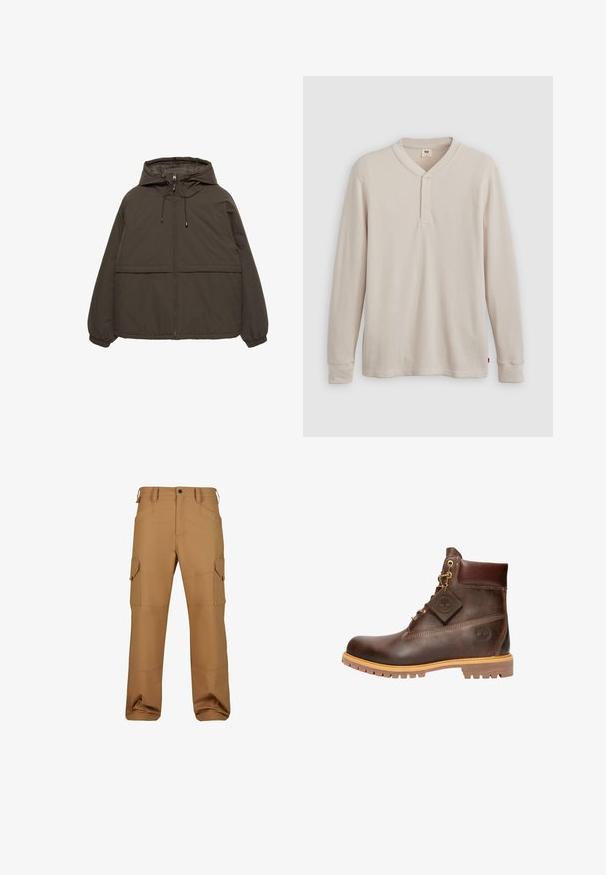 Veste à capuche marron foncé avec fermeture éclair, poignets élastiques et deux poches avant. Tissu synthétique lisse à finition mate.; T-shirt henley à manches longues en tissu côtelé beige clair, avec un col en V, une patte de boutonnage à trois boutons et des manches à poignets. Étiquette logo rouge à l'ourlet.; Pantalons cargo marron en tissu durable, dotés de plusieurs poches, d'une coupe décontractée et de détails de couture renforcée.; Bottine en cuir marron avec un bout rond, une semelle robuste, des éléments en doré et un dessus texturé. Comprend une étiquette de logo attachée.