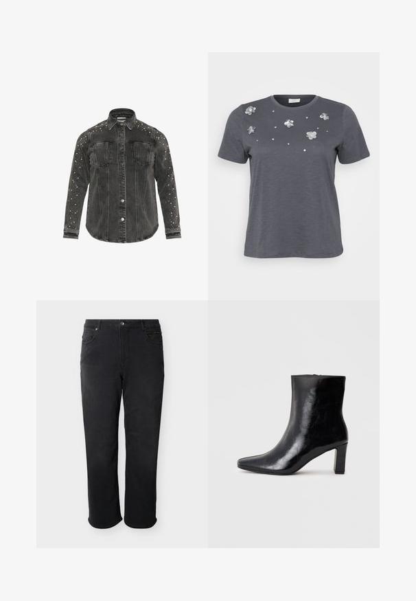 Veste en denim noire avec des fermetures à boutons, deux poches poitrine et des détails cloutés le long des épaules. Tissu épais et col pointu.; T-shirt en coton gris à manches courtes, avec des appliqués floraux métalliques et des sequins disposés sur le devant. Texture douce, coupe décontractée.; Jean noir à coupe droite avec passants pour ceinture, fermeture par bouton, poches avant et arrière, présenté sur un fond blanc.; Bottine noire en cuir brillant, avec un bout pointu et un talon carré moyen, présentant une texture lisse et un design simple.