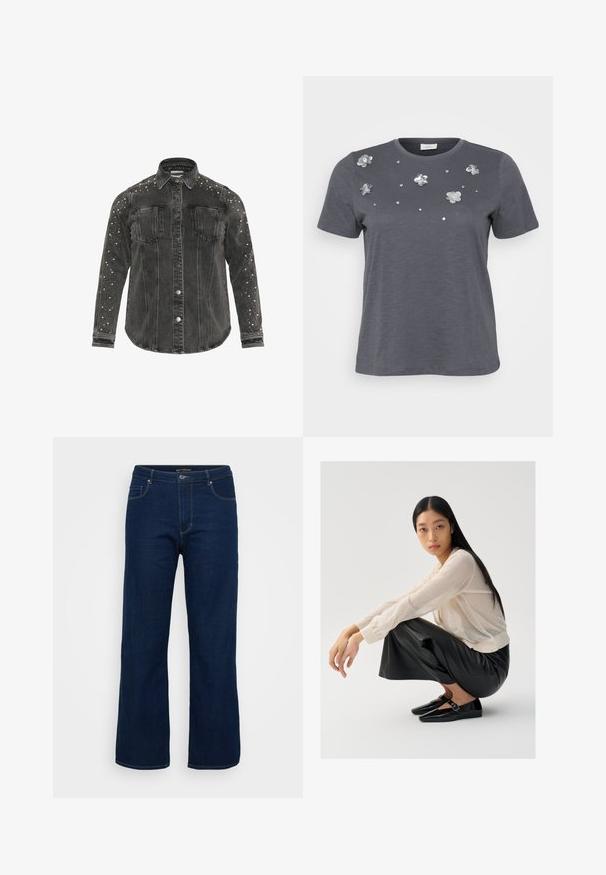 Veste en denim noire avec des fermetures à boutons, deux poches poitrine et des détails cloutés le long des épaules. Tissu épais et col pointu.; T-shirt en coton gris à manches courtes, avec des appliqués floraux métalliques et des sequins disposés sur le devant. Texture douce, coupe décontractée.; Jean en denim bleu foncé avec une coupe droite, dotés d'une fermeture éclair, de cinq poches et de coutures visibles.; Pull léger beige clair en maille transparente avec des manches bouffantes, associé à un pantalon large en cuir noir et des chaussures noires brillantes avec un détail de sangle.