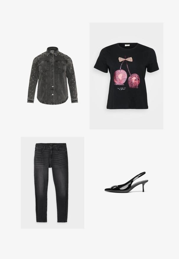 Veste en denim noire avec des fermetures à boutons, deux poches poitrine et des détails cloutés le long des épaules. Tissu épais et col pointu.; T-shirt noir à manches courtes avec un motif de deux cerises roses ornées d'un nœud, et le texte "La cerise sur le gâteau" en blanc.; Jean skinny noir avec un léger délavé sur les cuisses et les genoux, design classique à cinq poches, fermeture à bouton et zip, posé à plat sur fond blanc.; Escarpins slingback en cuir verni noir avec un bout pointu et une finition brillante. Présente un talon fin et un accent arrondi au dessus du pied.