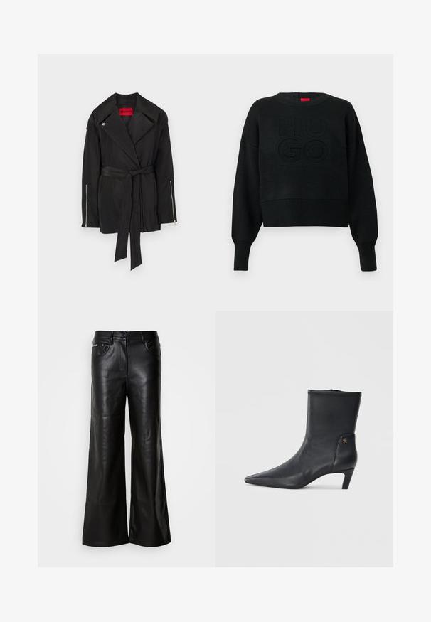 Sort trenchcoat med taljebælte, stort krave og lynlåseventiler på ærmerne. Fremstillet af glat, letvægtsstof med en mat overflade.; Sort cropped sweater med ribbet tekstur og rund halsudskæring, med et præget "HUGO"-logo på fronten og ribbede ærmeender.; Sorte læder bukser med bredde ben og en glat tekstur, der har en frontknaplukning, to sidelommer og minimale syninger.; Sorte læder ankelstøvler med spids tå og en lav hæl. Har en glat overflade og et lille guld logo detalje på siden.