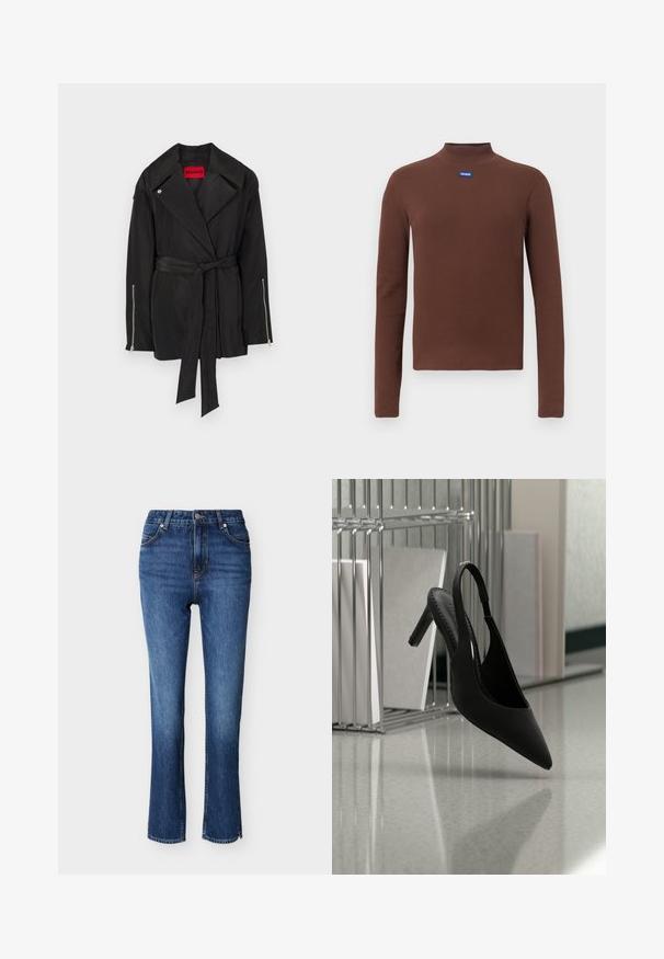 Sort trenchcoat med taljebælte, stort krave og lynlåseventiler på ærmerne. Fremstillet af glat, letvægtsstof med en mat overflade.; Brun langærmet turtleneck top lavet af ribstrikket stof. Har en blå logo-patch på brystet. Simpelt design med tætsiddende silhuet.; Smaltsiddende jeans lavet af mørkeblå denim. Høj talje med fem lommer, knaplukning og kontrasterende orange syninger på sømmene.; Sort spids tå slingback højhælet sko svævende i luften over en skinnende gulv med stablede ringbind i baggrunden.