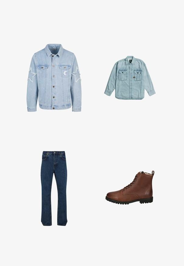 Lichtblauwe denimjack met stervormige slijtage, metalen knopen, twee borstzakken en subtiele witte verfspetterdetails.; Lichtblauw denim shirt met lange mouwen, kraag, knoopsluiting aan de voorkant en twee borstzakken met knopen op een witte achtergrond.; Donkerblauwe rechte jeans van denim, met vijf zakken, een knoop- en ritssluiting, en een vervaagde textuur op de stof.; Bruine leren enkellaarzen met een gestructureerde afwerking, veterinstap, ronde neus en een zware rubberen zool. Inclusief een trekband aan de achterkant.
