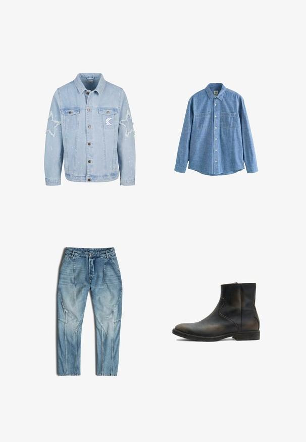 Lichtblauwe denimjack met stervormige slijtage, metalen knopen, twee borstzakken en subtiele witte verfspetterdetails.; Blauw chambray overhemd met lange mouwen, knoopsluiting aan de voorkant en twee borstzakken, plat gelegd op een witte achtergrond.; Lichtblauwe denim jeans met een relaxte pasvorm, opvallende stikdetails en schuine zakken. Klassieke vijf-pocketstijl met een ritssluiting.; AllSaints LANG - Lage laarzen - brown