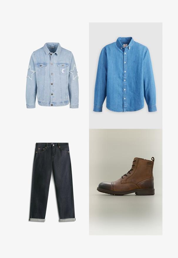 Lyseblå denimjakke med stjernemønstrede slidmærker, metalbutton, to brystlommer og diskret hvid malingsplask.; Lyseblå denimskjorte med lange ærmer, knap-ned krave og hvide knapper. Har et lille broderet logo på brystet.; Mørkeblå denimjeans med opsmøgede bukseben, fem lommer og kontrastsyning, lagt fladt på en hvid baggrund.; Brun læderstøvle med snørebånd, sort tåhætte, rund sål og mærket detalje på siden mod ensfarvet baggrund.