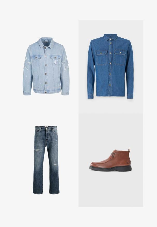 Chaqueta de mezclilla azul claro con desgastes en forma de estrella, botones de metal, dos bolsillos en el pecho y un sutil salpicado de pintura blanca.; Camisa de mezclilla en azul oscuro, de manga larga con puños abotonados, cuello puntiagudo, dos bolsillos en el pecho y cierre frontal con botones de herrajes dorados.; Vaqueros de mezclilla azul claro con un diseño de pierna recta, que presentan parches desgastados y un acabado desteñido. Estilo de cinco bolsillos con herrajes metálicos.; Botas de cuero marrón hasta el tobillo con punta redonda, detalle de cordones y suela de goma negra. Logo notable en el talón y acentos de costura.