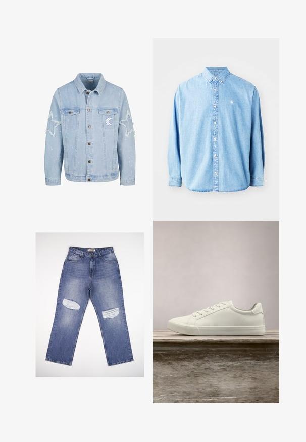 Hellblaue Denimjacke mit sternförmigen Abriebstellen, Metallknöpfen, zwei Brusttaschen und subtilen weißen Farbspritzern.; Hellblaue Jeanshemd mit langen Ärmeln, spitzem Kragen und kleinem Logo auf der linken Brust. Hat eine lockere Passform und ein klassisches Design.; Hellblaue Denim-Jeans mit hoher Taille, geradem Bein und zwei abgenutzten Stellen auf der Vorderseite. Klassisches Fünf-Taschen-Design.; Weiße Schnürsneaker, die über einer Holzbank mit grünem Laub im Hintergrund schweben und das Schuhdesign sowie die Textur zeigen.