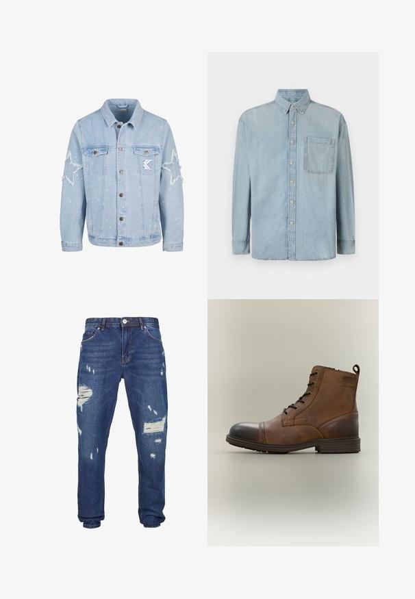 Lyseblå denimjakke med stjernemønstrede slidmærker, metalbutton, to brystlommer og diskret hvid malingsplask.; Lyseblå denimskjorte med lange ærmer, knaplukning foran og en enkelt brystlomme. Har en klassisk krave og standard manchetter.; Blå denimjeans med slidte detaljer, der har flere reb og flossede kanter, lige ben design og klassisk fem-lomme stil.; Brun læderstøvle med snørebånd, sort tåhætte, rund sål og mærket detalje på siden mod ensfarvet baggrund.