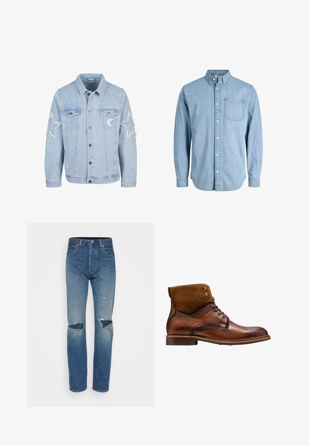 Lyseblå denimjakke med stjernemønstrede slidmærker, metalbutton, to brystlommer og diskret hvid malingsplask.; Lyseblå denimskjorte med knapper, lange ærmer, krave, brystlomme og subtil tekstur. Har hvide knapper langs knapstolpen.; Lyseblå slidte jeans med lige ben, frynsede knæudskæringer og klassisk fem-lomme styling med metalhardware.; Kazar ALID - Snørestøvletter - brown
