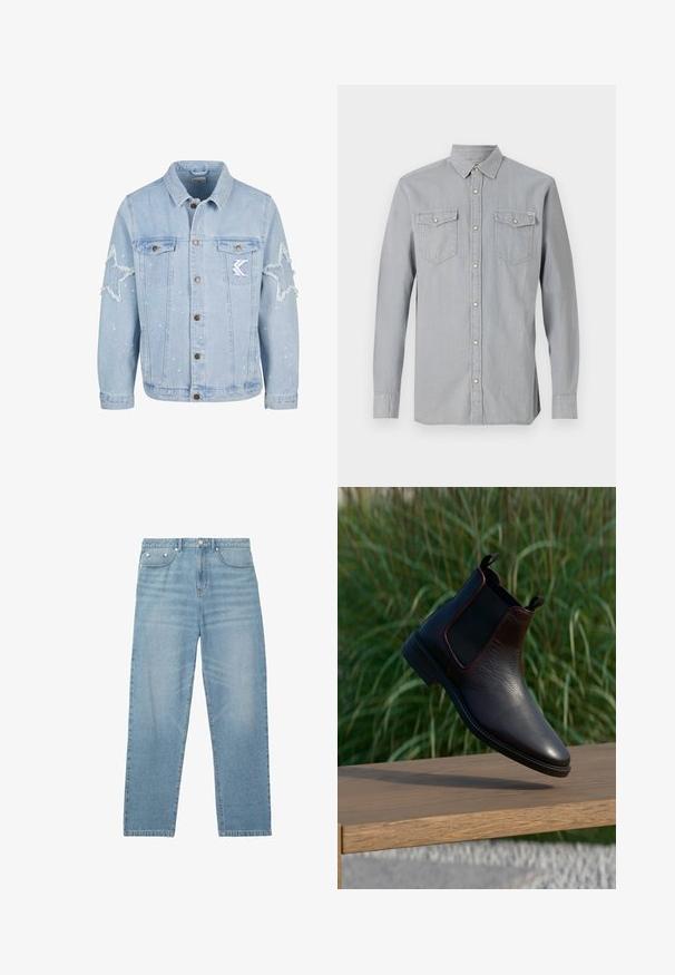 Hellblaue Denimjacke mit sternförmigen Abriebstellen, Metallknöpfen, zwei Brusttaschen und subtilen weißen Farbspritzern.; Hellgraues langärmliges Jeanshemd mit durchgeknöpfter Front, zwei Brusttaschen mit Klappen und Knöpfen sowie einem spitzen Kragen.; Reiss Jeans Relaxed Fit - light blue wash; Schwarze Leder Chelsea-Boots mit strukturiertem Finish, elastischen seitlichen Einsätzen und Schlaufe. Robuste Sohle und elegantes, spitz zulaufendes Design.
