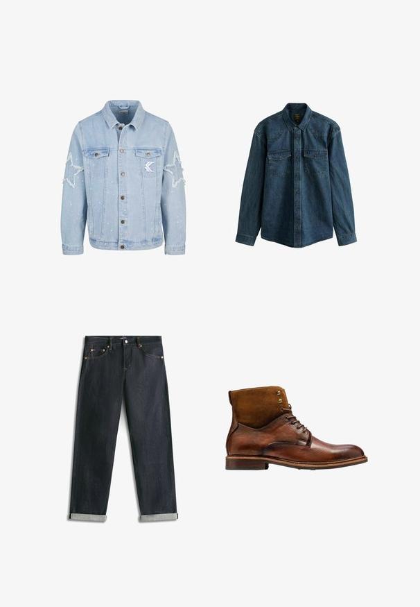 Chaqueta de mezclilla azul claro con desgastes en forma de estrella, botones de metal, dos bolsillos en el pecho y un sutil salpicado de pintura blanca.; Camisa de mezclilla en azul oscuro, con mangas largas, cuello puntiagudo y dos bolsillos frontales con cierres de botón a presión. Tejido texturizado.; Vaqueros de mezclilla azul oscuro con puños enrollados, cinco bolsillos y costuras de contraste, extendidos planos sobre un fondo blanco.; Kazar ALID - Botines con cordones - brown