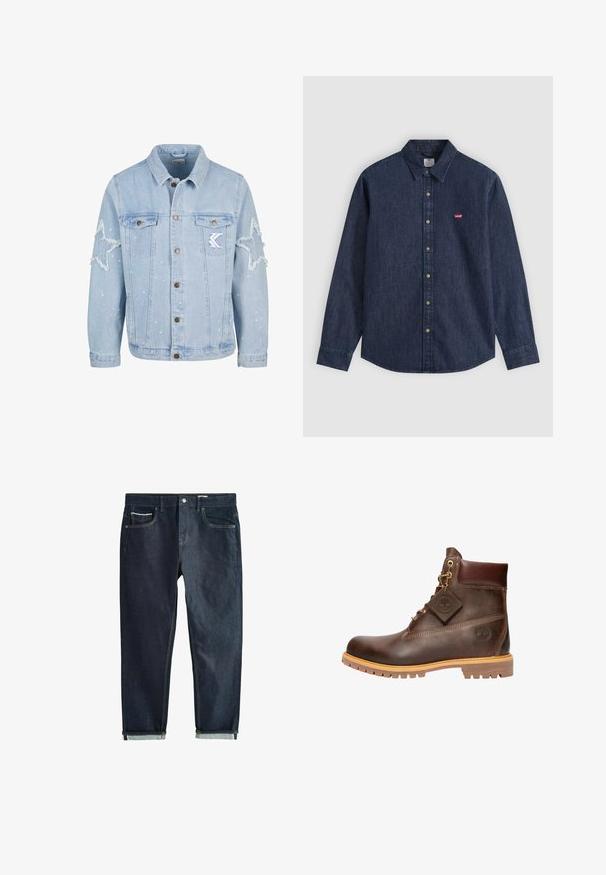 Lichtblauwe denimjack met stervormige slijtage, metalen knopen, twee borstzakken en subtiele witte verfspetterdetails.; Donkerblauw denim overhemd met lange mouwen, knoopsluiting, puntkraag en klein rood Levi's-logo op de linkerborst.; Donkere denim jeans met een rechte pijp, voorzien van een knoopsluiting, twee voorzakken en opgerolde boorden. Soepele textuur, minimale stiksels.; Bruine leren enkelboot met een ronde neus, stevige zool, hardware in goudkleur en een gestructureerde bovenkant. Inclusief een merklabel dat is bevestigd.