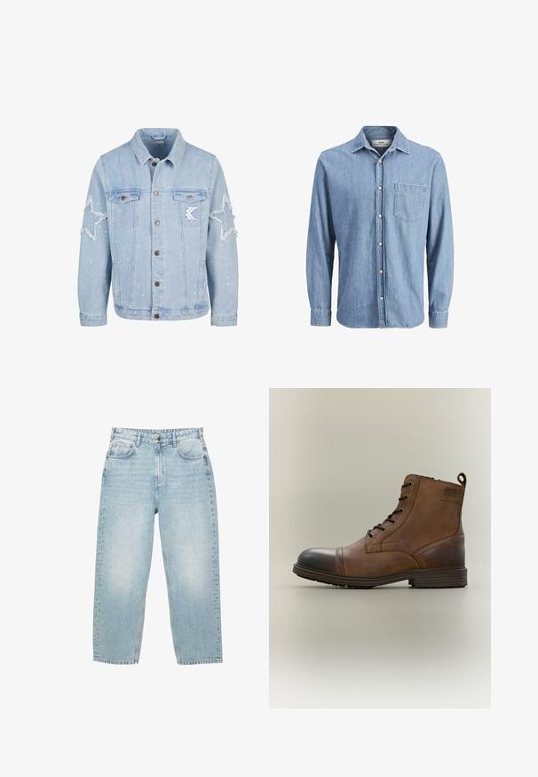 Lyseblå denimjakke med stjernemønstrede slidmærker, metalbutton, to brystlommer og diskret hvid malingsplask.; Lysblå denimskjorte med knap-ned krave, lange ærmer, enkelt brystlomme og broderet logo på lommen.; Lyseblå høj talje denim jeans med lige ben, for- og baglommer samt lukning med knap og synlig syning.; Brun læderstøvle med snørebånd, sort tåhætte, rund sål og mærket detalje på siden mod ensfarvet baggrund.