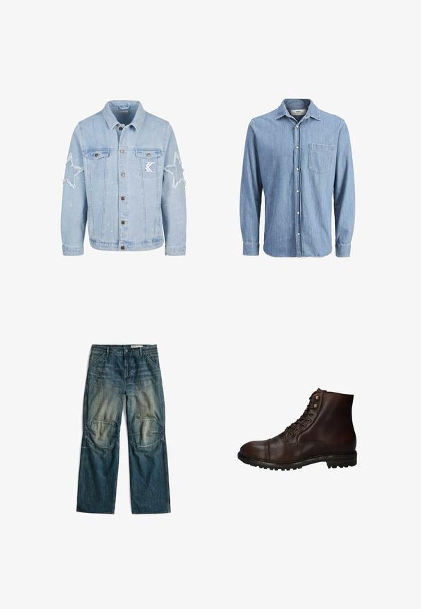 Lichtblauwe denimjack met stervormige slijtage, metalen knopen, twee borstzakken en subtiele witte verfspetterdetails.; Lichtblauwe denim overhemd met een button-down kraag, lange mouwen, een borstzak en een geborduurd logo op de zak.; Blauwe spijkerbroek met verstevigde kniepatches en voorzakken, plat liggend afgebeeld tegen een witte achtergrond.; Donkergrote leren veterschoenen tot de enkels met een robuuste rubberen zool en metalen veters, gezien vanuit de buitenzijde.