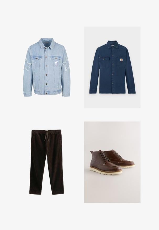 Lichtblauwe denimjack met stervormige slijtage, metalen knopen, twee borstzakken en subtiele witte verfspetterdetails.; Marineblauw ribfluwelen werkshemd met lange mouwen, drukknoopsluiting aan de voorkant, twee borstzakken en een klein Carhartt-logo op de rechterborstzak.; Bruine corduroy broek met elastische tailleband en voorste trekkoord, met zijzakken en rechte pijpen op een witte achtergrond.; Bruine leren laarzen met vetersluiting, witte stiksels en een contrasterende zool. Heeft een ronde neus en een enkelhoogte.