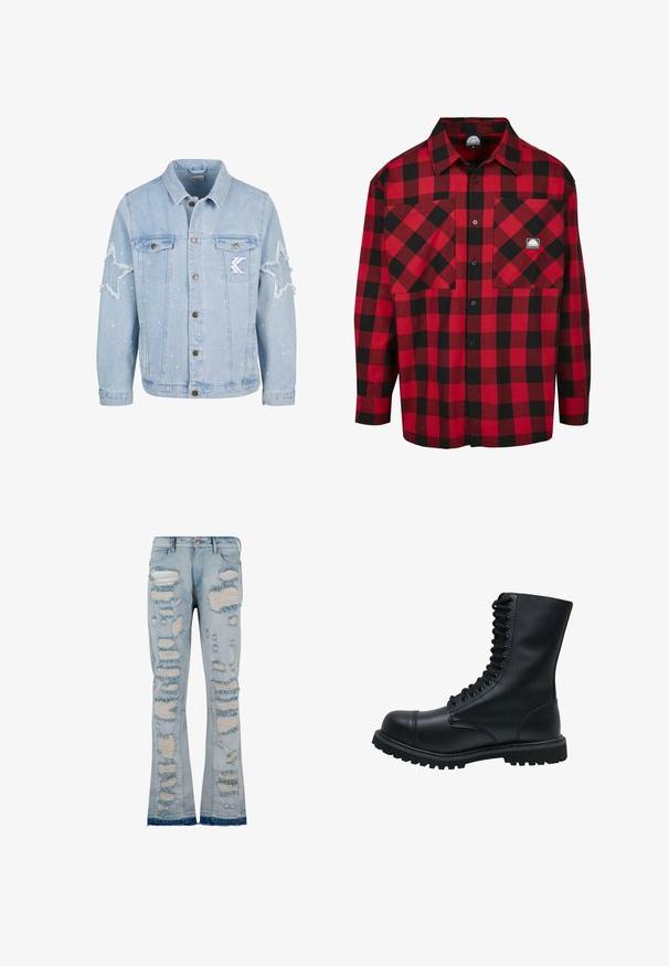 Lichtblauwe denimjack met stervormige slijtage, metalen knopen, twee borstzakken en subtiele witte verfspetterdetails.; Rood en zwart geblokt flanellen shirt met lange mouwen, knoopsluiting, twee voorkruiszakken en een klein merkje op de borstzak.; Lichtblauwe denim flared jeans met opvallende scheuren en rafelige randen, voorzien van een klassiek vijfzakendesign en een metalen knoopsluiting.; Zwarte leren veterschoen met een ronde neus, hoge schacht, dikke rubberen zool en een gestructureerd oppervlak. Heeft versterkte stiksels langs de naden.