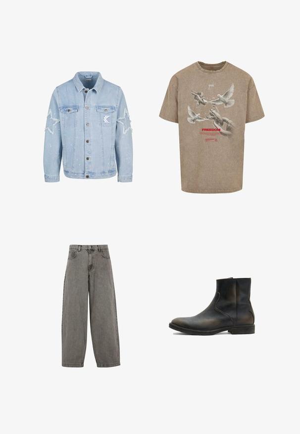Lyseblå denimjakke med stjernemønstrede slidmærker, metalbutton, to brystlommer og diskret hvid malingsplask.; MJ Gonzales FREEDOM X ACID WASHED HEAVY - T-shirts print - darkkhaki; Grå denim bukser med høj talje, brede ben, klassisk fem-lomme design og knaplukning foran. Let struktureret finish.; AllSaints LANG - Støvletter - brown