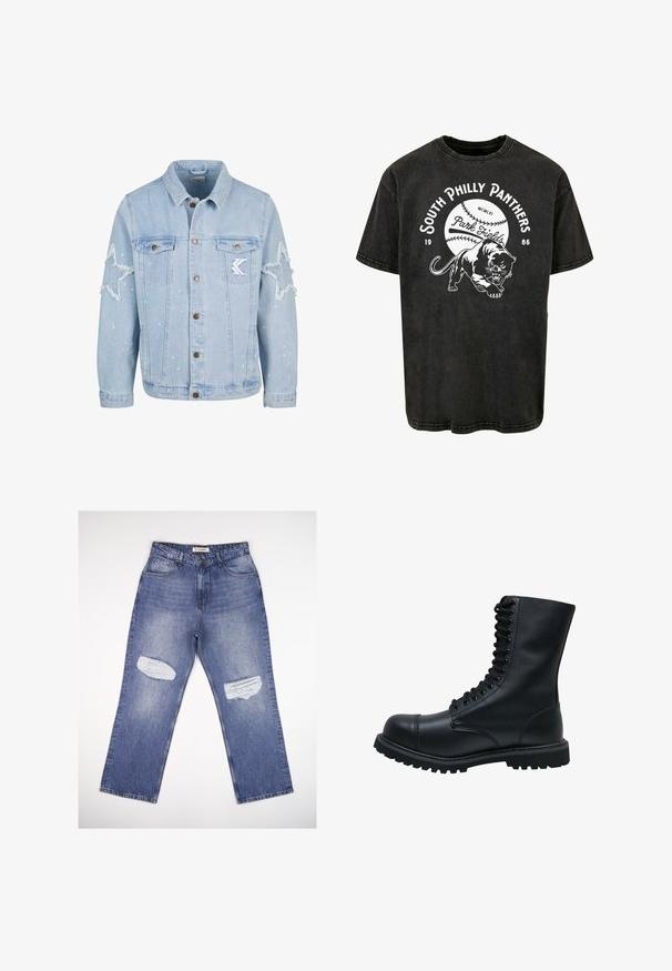 Lichtblauwe denimjack met stervormige slijtage, metalen knopen, twee borstzakken en subtiele witte verfspetterdetails.; Zwarte katoenen t-shirt met korte mouwen, met een grafiek van een panter en de tekst "South Philly Panthers" met een honkbalontwerp.; Lichtblauwe spijkerbroek met hoge taille, rechte pijpen en twee versleten plekken aan de voorkant. Klassiek ontwerp met vijf zakken.; Zwarte leren veterschoen met een ronde neus, hoge schacht, dikke rubberen zool en een gestructureerd oppervlak. Heeft versterkte stiksels langs de naden.