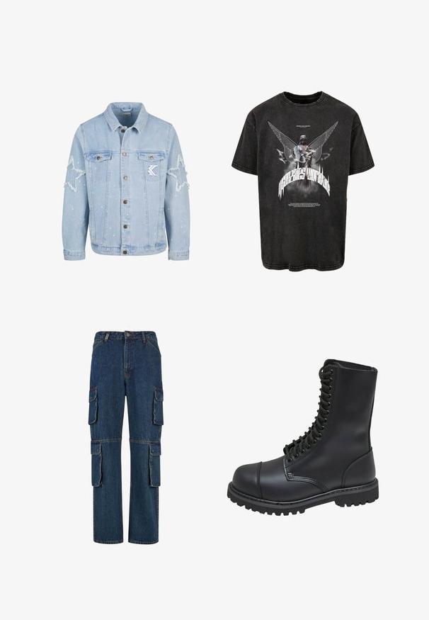 Lyseblå denimjakke med stjernemønstrede slidmærker, metalbutton, to brystlommer og diskret hvid malingsplask.; Sort oversized T-shirt lavet af denim, med et grafisk motiv af en statue med vinger og tekst, samt en let slidt struktur.; Mørkeblå denim cargo bukser med flere sidelommer, lige ben-design og kontrasterende syninger. Holdbart stof med en klassisk pasform.; Sort læder kampstøvle med høj skaft, snørebånd foran, polstret krave og en robust tekstureret sål for godt greb. Har forstærket tåhætte.