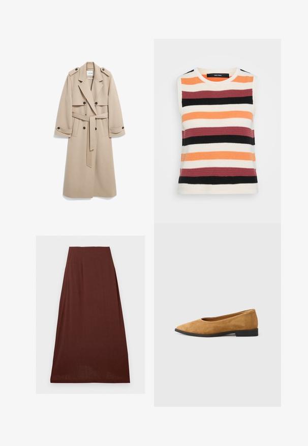 Beige Woll-Trenchcoat mit doppelt geknöpften Knöpfen, Schulterklappen, breiten Revers und einem passenden Gürtel. Glatte Textur und knielanges Design.; Ärmelloses Stricktop mit horizontalen Streifen in Orange, Creme, Bordeaux, Schwarz und Dunkelgrau. Strukturiertes Material mit Rundhalsausschnitt.; Brauner Rock mit hoher Taille im A-Linien-Stil mit glatter Textur, knielang, vor weißem Hintergrund dargestellt.; Braune Wildleder-Ballerinas mit spitz zulaufender Zehenpartie und niedrigem schwarzen Absatz. Glatte Textur mit einfachem Design und ohne sichtbare Verzierungen.