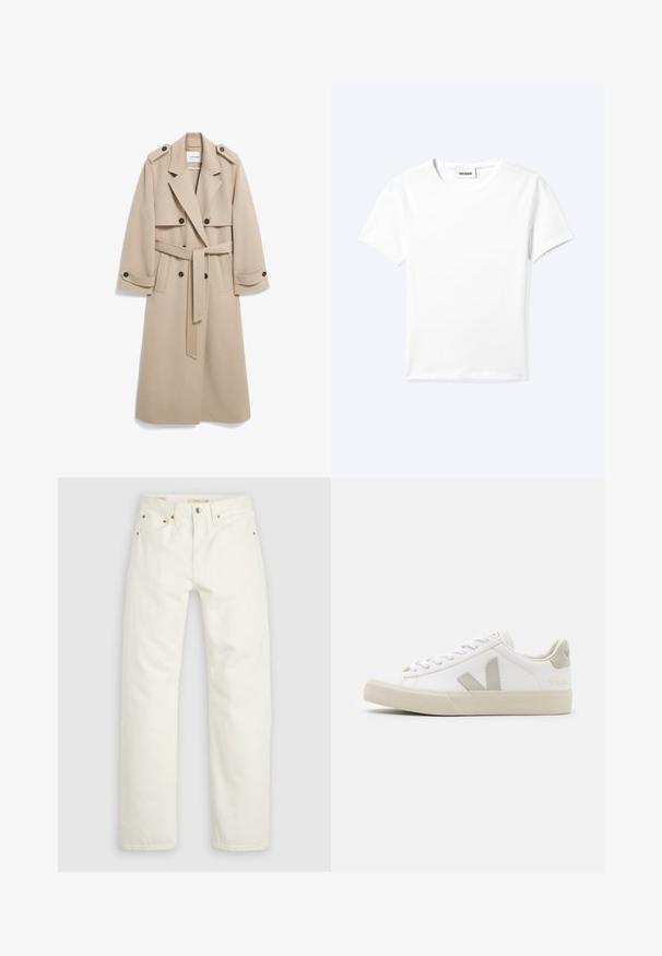 Beige wollen trenchcoat met dubbelrijgsluiting, schouderstukken, brede revers en een bijpassende riem. Gladde textuur en ontwerp tot op de knie.; Effen wit T-shirt met korte mouwen en ronde hals met een klein "WEEKDAY" label aan de binnenkant van de hals, plat neergelegd op een lichte achtergrond.; Witte denim spijkerbroek met rechte pijpen, knoop- en ritssluiting, voor- en achterzakken en koperen klinknagelaccenten.; Witte sneakers van leer met grijze V-logo accenten, een gestructureerde rubberen zool, witte veters en een gevoerde tong en kraag.
