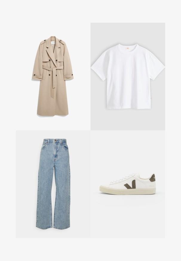Manteau en laine beige avec des boutons double-breasted, épaulettes, larges revers et une ceinture assortie. Texture lisse et design longueur genoux.; T-shirt en coton blanc à manches courtes, col rond, coupe décontractée, texture lisse, avec une petite étiquette logo sur la couture latérale gauche.; Jean en denim bleu clair à taille haute, à jambes larges, avec fermeture à bouton et zip à l'avant, et design à cinq poches sur fond uni.; Baskets en cuir blanc avec une semelle en caoutchouc beige texturée, présentant un logo "V" marron au côté et des accents en daim assortis.