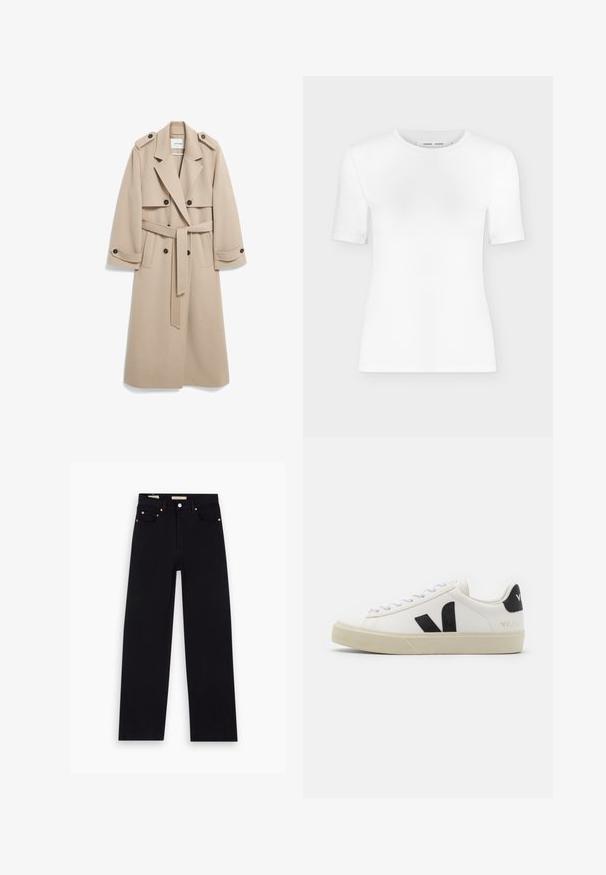 Manteau en laine beige avec des boutons double-breasted, épaulettes, larges revers et une ceinture assortie. Texture lisse et design longueur genoux.; T-shirt blanc à manches courtes avec col rond, coupe slim et texture de tissu côtelé, présenté sur un fond uni gris clair.; Jean en denim noir avec une coupe droite, cinq poches, matériel en cuivre et texture lisse. Deux étiquettes visibles sur la taille.; Baskets en cuir blanc avec un logo V en caoutchouc noir. Semelle texturée blanc cassé, lacets blancs et détail sur le talon arrière portant le nom de la marque en noir.