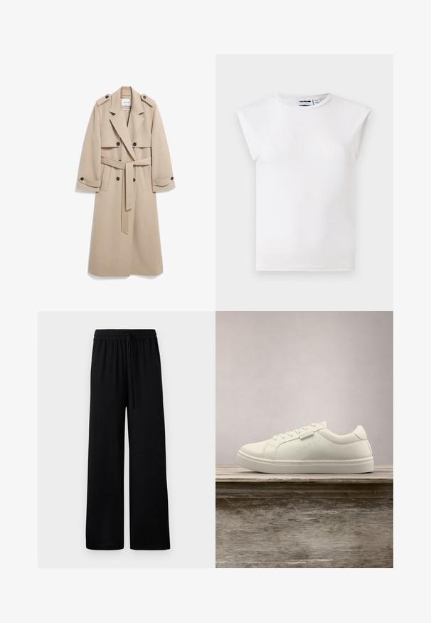 Beige Woll-Trenchcoat mit doppelt geknöpften Knöpfen, Schulterklappen, breiten Revers und einem passenden Gürtel. Glatte Textur und knielanges Design.; Weißes ärmelloses Rundhalstop mit gepolsterten Schulterdetails, aus einfarbigem Stoff, auf neutralem Hintergrund gezeigt.; Schwarze weit geschnittene Hosen mit einem elastischen Bund und verstellbarem Kordelzug. Glattes Material ohne sichtbare Muster oder Akzente.; Weißer Leder-Sneaker mit Schnürsenkeln schwebt über einer hölzernen Bank, im Hintergrund ist das grüne hohe Gras unscharf zu sehen.